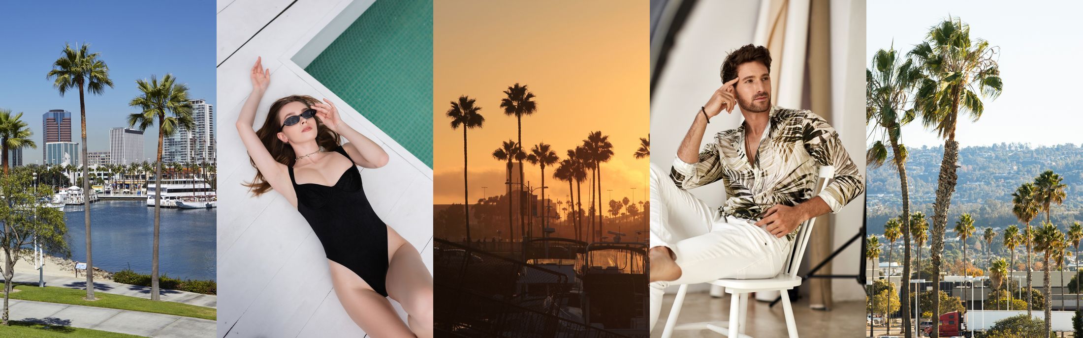 collage of picturesque views with palm trees, a woman laying next to a pool and a man sitting in a white chair, as if enjoying a premier experience at a South Bay med spa